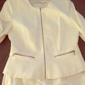 White Calvin Klein skirt suit and jacket